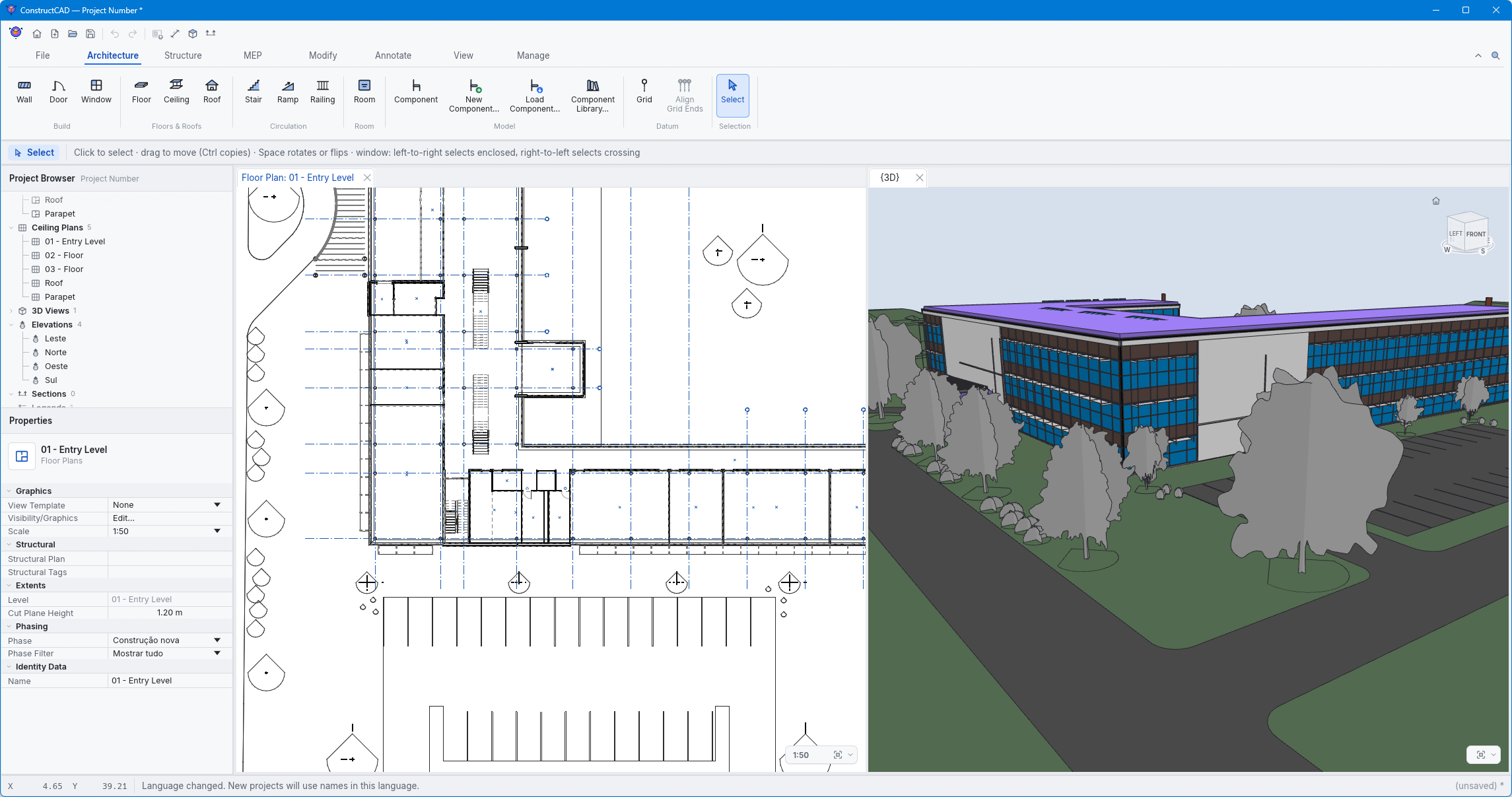 The ConstructCAD window: ribbon, project browser and properties, the ground floor plan and a 3D view of the house with its hip roof