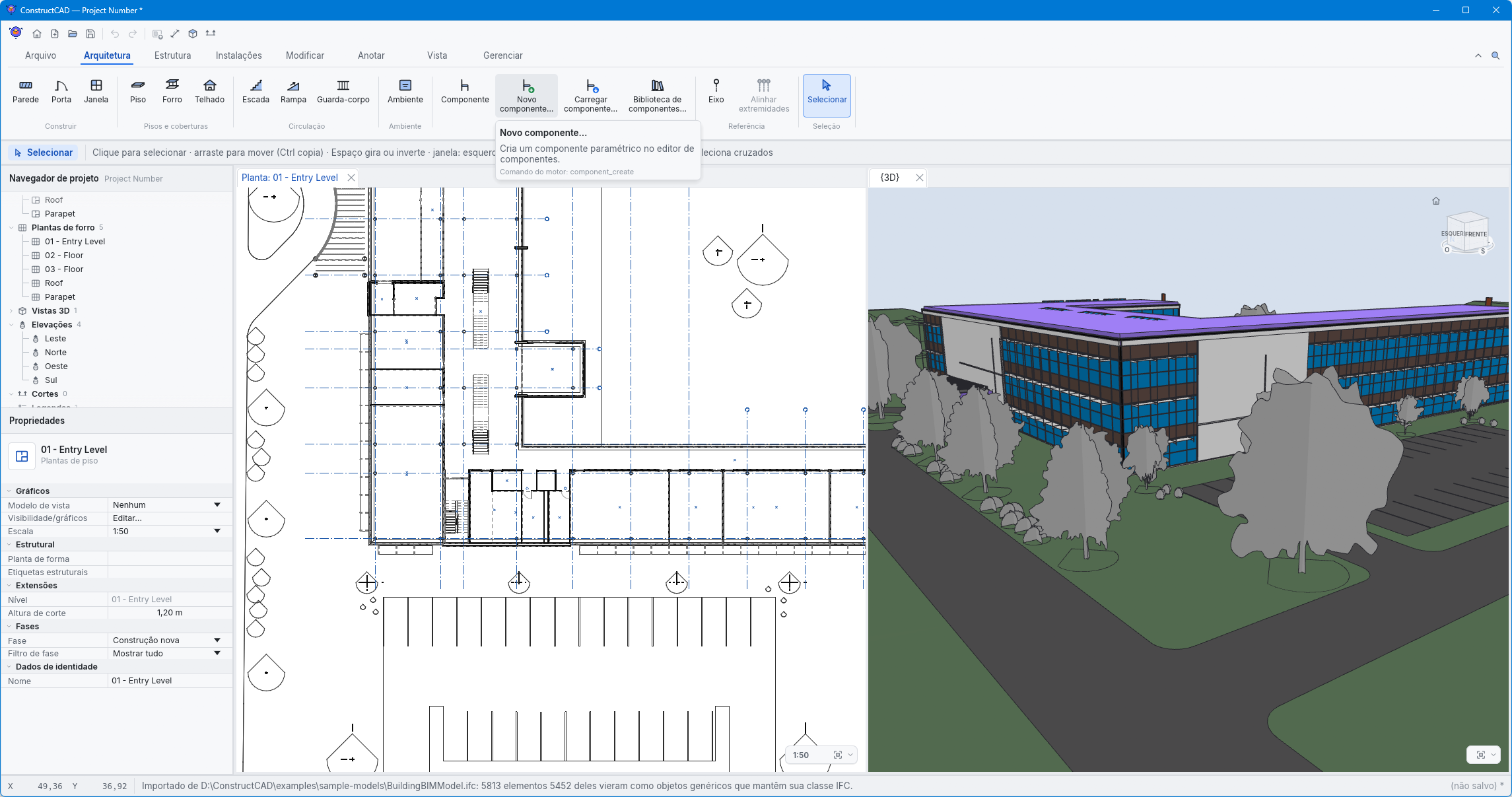 A janela do ConstructCAD: ribbon, navegador de projeto e propriedades, a planta do térreo e a vista 3D da casa com telhado de quatro águas